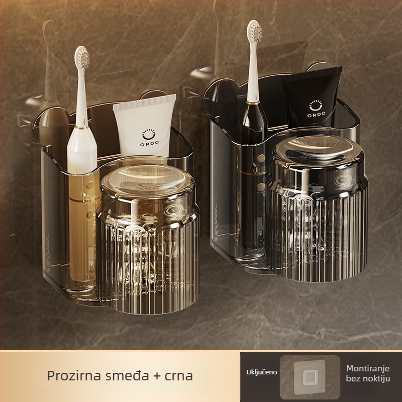 Držač četkica za zube, na zid montiran bez bušenja, plastični materijal, za čašu za ispiranje i držač paste