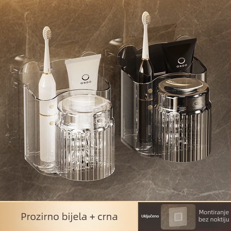 Držač četkica za zube, na zid montiran bez bušenja, plastični materijal, za čašu za ispiranje i držač paste