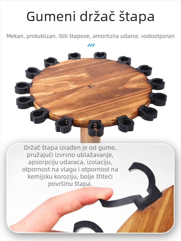 Stalak za prikaz ribolovačkih štapova, tip A, 15 rupa, borovo drvo, protuklizni držači