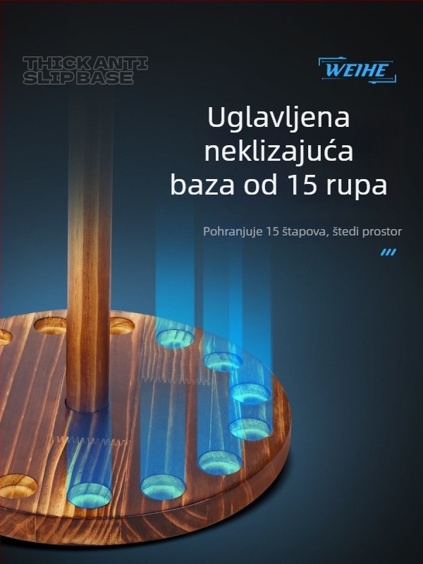 Stalak za prikaz ribolovačkih štapova, tip A, 15 rupa, borovo drvo, protuklizni držači