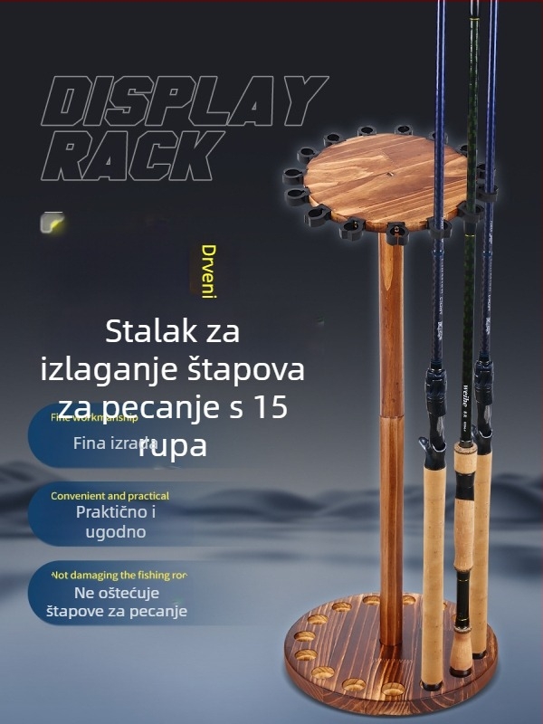 Stalak za prikaz ribolovačkih štapova, tip A, 15 rupa, borovo drvo, protuklizni držači