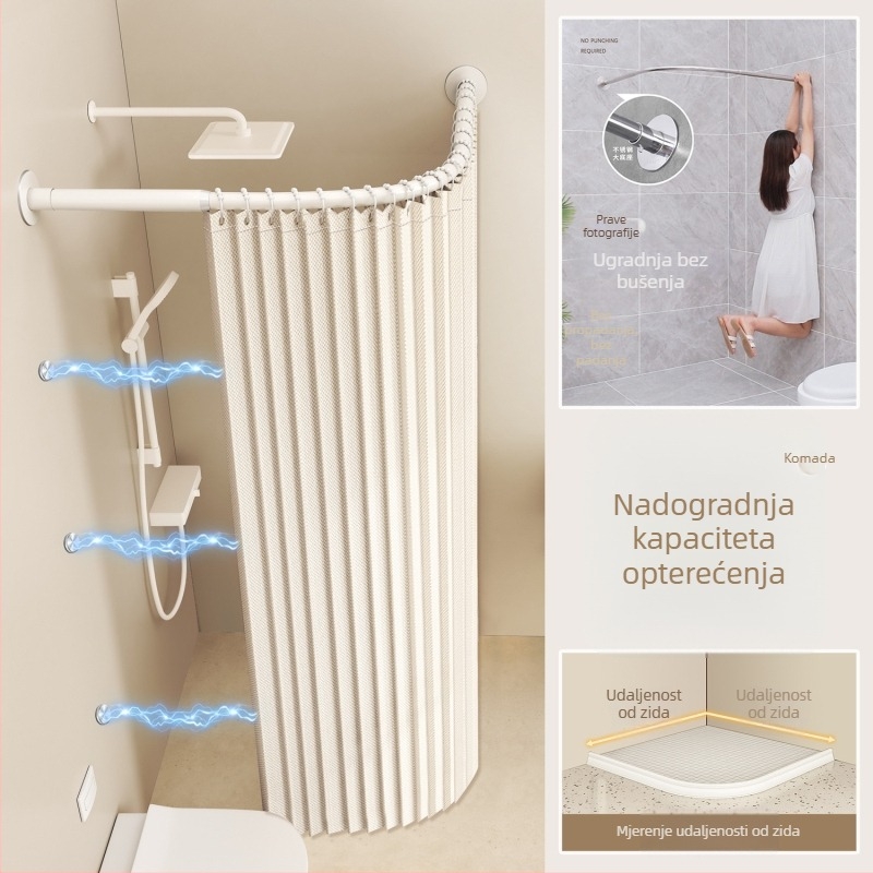 Sklopiva zakrivljena zavjesa za tuširanje u kupaonici – vodootporna, odjeljak suho–mokro