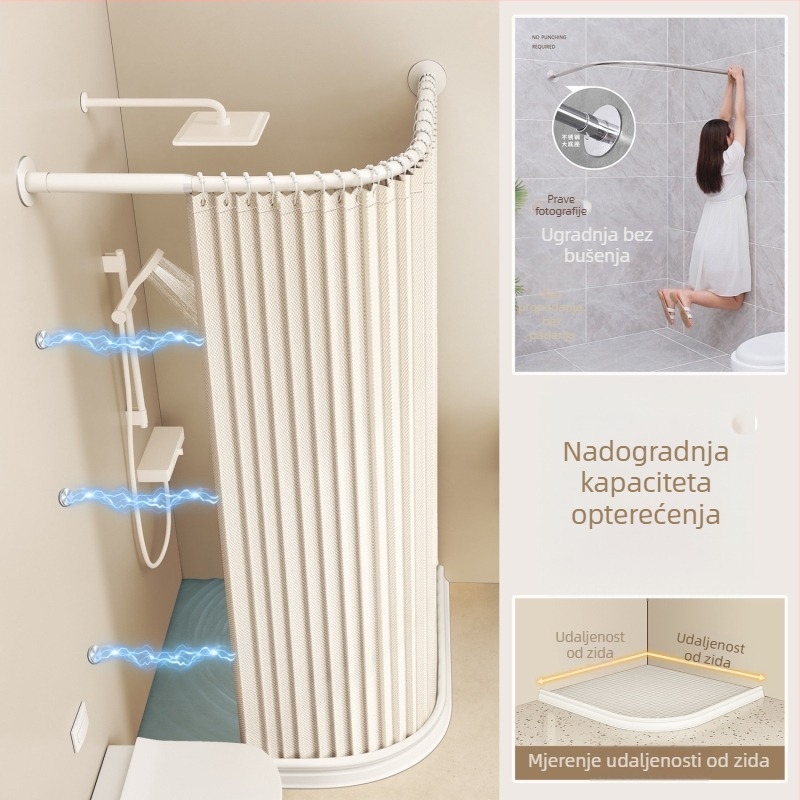 Sklopiva zakrivljena zavjesa za tuširanje u kupaonici – vodootporna, odjeljak suho–mokro