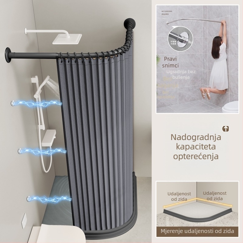 Sklopiva zakrivljena zavjesa za tuširanje u kupaonici – vodootporna, odjeljak suho–mokro