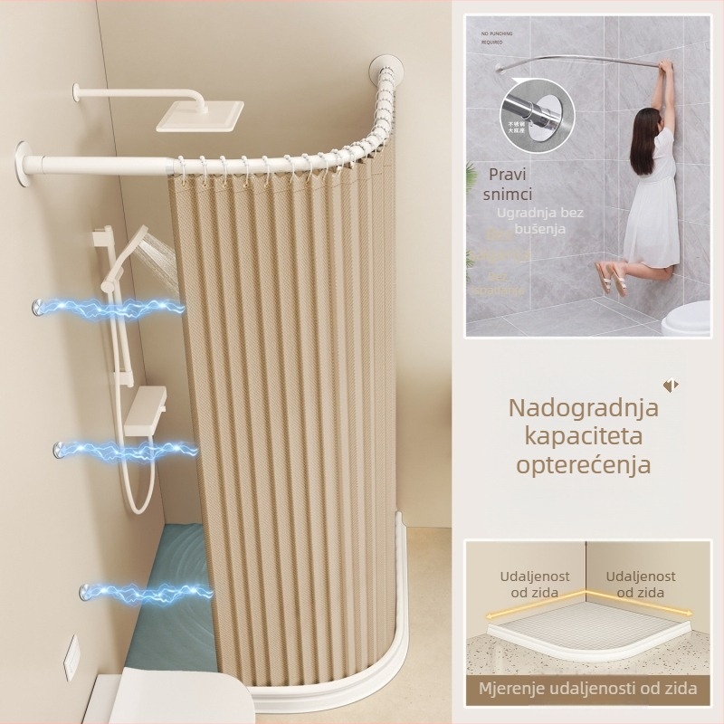 Sklopiva zakrivljena zavjesa za tuširanje u kupaonici – vodootporna, odjeljak suho–mokro