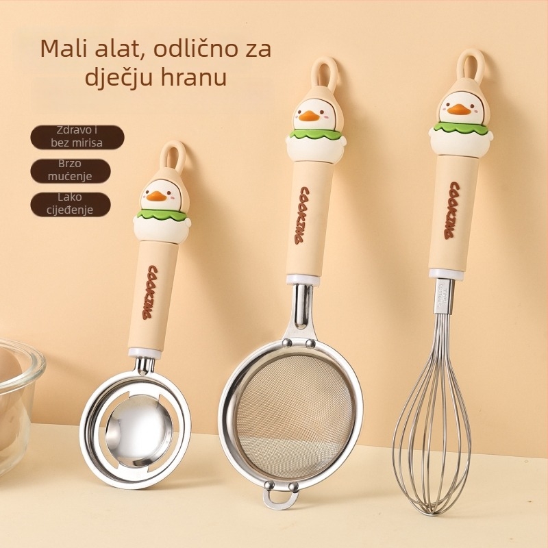 Set za pečenje od nehrđajućeg čelika s mrežicom za brašno, cedilom, filtrirajućim sitom, tučkom za jaja i odvajačem bjelanjaka; ispis logotipa dostupan; idealan poklon; ručna izrada