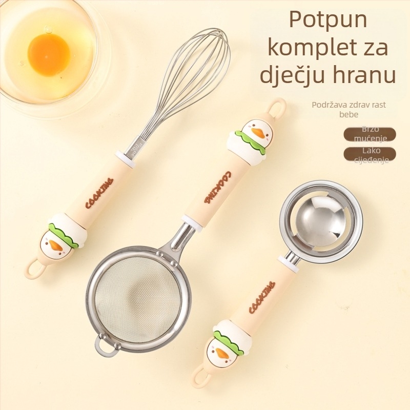 Set za pečenje od nehrđajućeg čelika s mrežicom za brašno, cedilom, filtrirajućim sitom, tučkom za jaja i odvajačem bjelanjaka; ispis logotipa dostupan; idealan poklon; ručna izrada