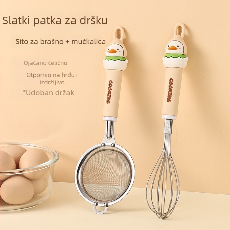 Set za pečenje od nehrđajućeg čelika s mrežicom za brašno, cedilom, filtrirajućim sitom, tučkom za jaja i odvajačem bjelanjaka; ispis logotipa dostupan; idealan poklon; ručna izrada