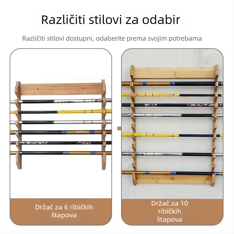 Drveni zidni stalak za izlaganje ribolovne opreme, s deset odjeljaka i držačima za štapove