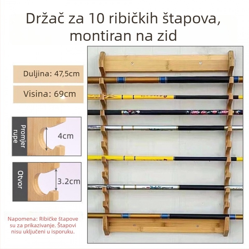 Drveni zidni stalak za izlaganje ribolovne opreme, s deset odjeljaka i držačima za štapove