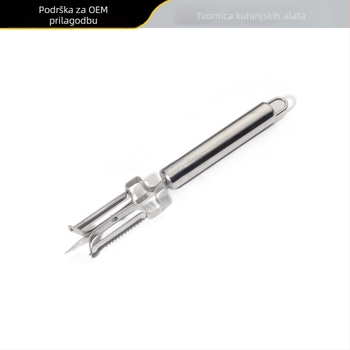 Višenamjenski ogulac za voće i povrće od nehrđajućeg čelika 410, dvostrani – tri u jednom kuhinjskom alatu