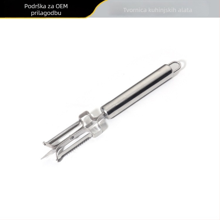 Višenamjenski ogulac za voće i povrće od nehrđajućeg čelika 410, dvostrani – tri u jednom kuhinjskom alatu