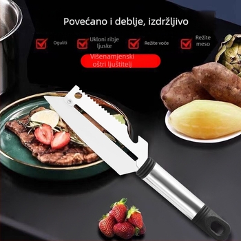 Nehrđajući čelik 4-u-1 kuhinjski alat: oljuštivanje, ribanje, uklanjanje ljuskica ribe i otvarač boca; moderan minimalistički dizajn; pogodno kao poklon