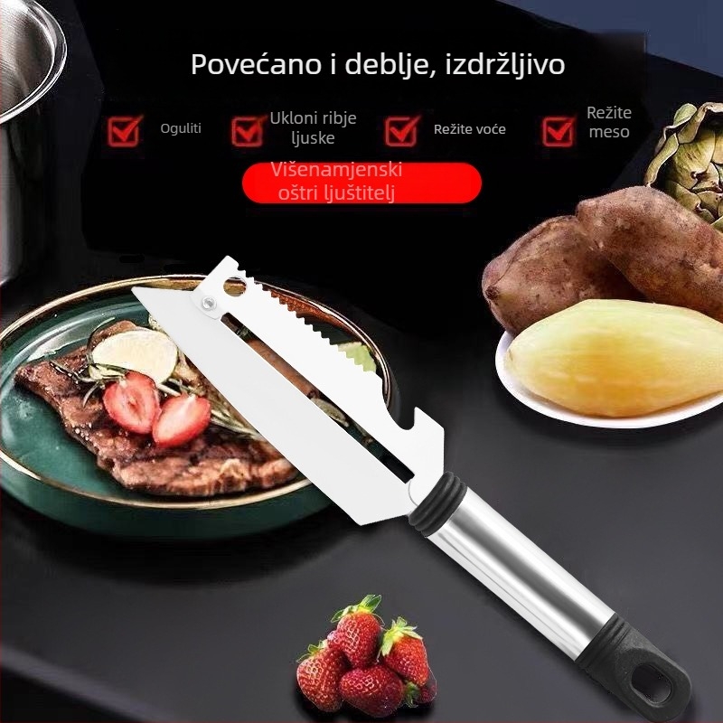 Nehrđajući čelik 4-u-1 kuhinjski alat: oljuštivanje, ribanje, uklanjanje ljuskica ribe i otvarač boca; moderan minimalistički dizajn; pogodno kao poklon