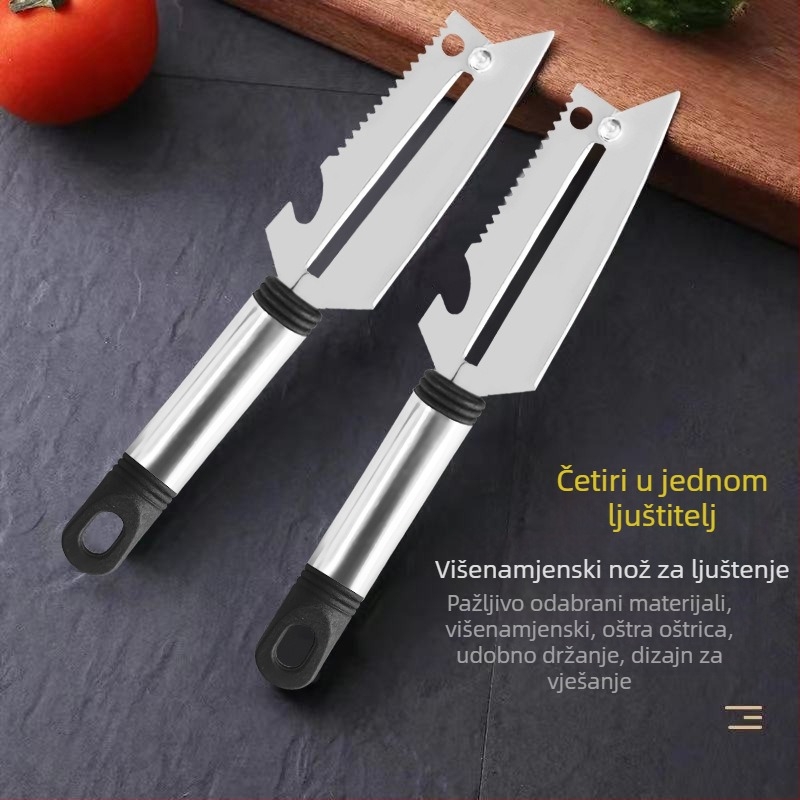 Nehrđajući čelik 4-u-1 kuhinjski alat: oljuštivanje, ribanje, uklanjanje ljuskica ribe i otvarač boca; moderan minimalistički dizajn; pogodno kao poklon