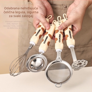 Nehrđajući čelični kuhinjski set s mačjim crtežom: mućkalica za jaja, odvajivač bjelanjaka, sito za brašno i pasirač za krumpire