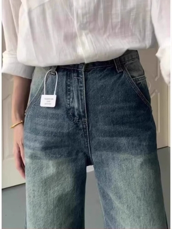 Ženske traperice u američkom retro stilu, isprani denim, visok pas, straight kroj, pamučni denim, obična debljina, ljeto 2025