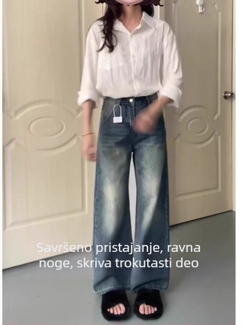 Ženske traperice u američkom retro stilu, isprani denim, visok pas, straight kroj, pamučni denim, obična debljina, ljeto 2025