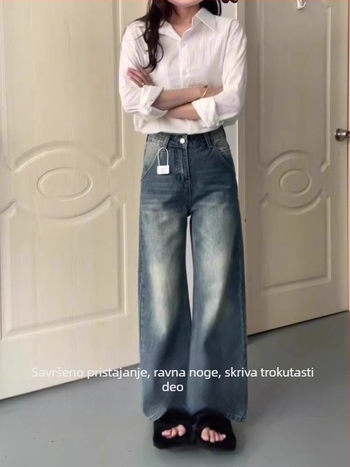 Ženske traperice u američkom retro stilu, isprani denim, visok pas, straight kroj, pamučni denim, obična debljina, ljeto 2025