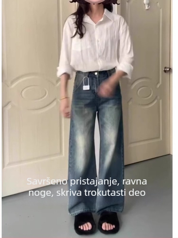 Ženske traperice u američkom retro stilu, isprani denim, visok pas, straight kroj, pamučni denim, obična debljina, ljeto 2025