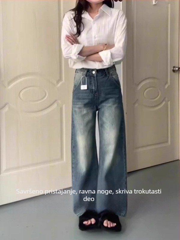 Ženske traperice u američkom retro stilu, isprani denim, visok pas, straight kroj, pamučni denim, obična debljina, ljeto 2025