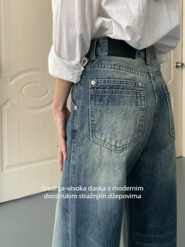Ženske traperice u američkom retro stilu, isprani denim, visok pas, straight kroj, pamučni denim, obična debljina, ljeto 2025