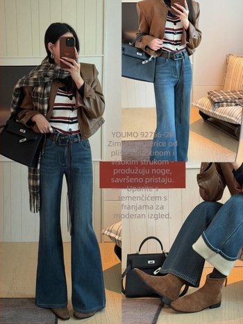 Traperice s visokim strukom, debeli denimu pamuk, mikro flare nogavice, retro stil, zima 2025