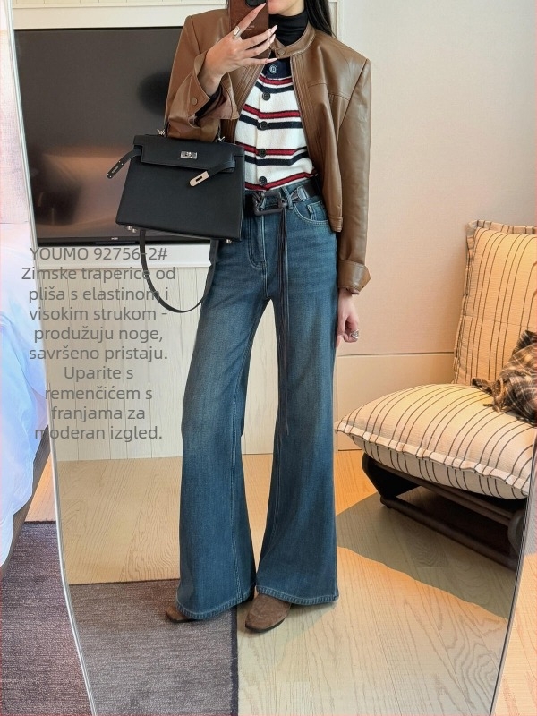 Traperice s visokim strukom, debeli denimu pamuk, mikro flare nogavice, retro stil, zima 2025