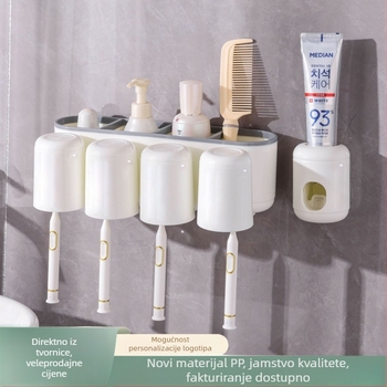 Zidni držač četkica za zube s besbušnom instalacijom, automatski dozator zubne paste, materijal PP+PS, mogućnost tiskanja logotipa