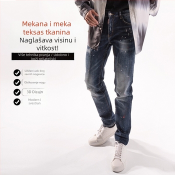 Muške traperice od denima s istrošenim uzorcima i kapljicama boje, slim fit, srednji pojas, uski završetak nogavica