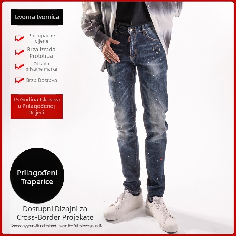Muške traperice od denima s istrošenim uzorcima i kapljicama boje, slim fit, srednji pojas, uski završetak nogavica