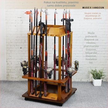 Drveni mobilni stalak za 24 štapova za ribolov, s izložbenim držačem, za kućnu upotrebu, od borovine