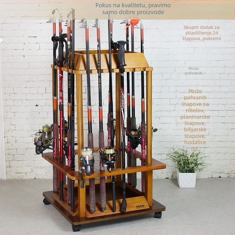 Drveni mobilni stalak za 24 štapova za ribolov, s izložbenim držačem, za kućnu upotrebu, od borovine