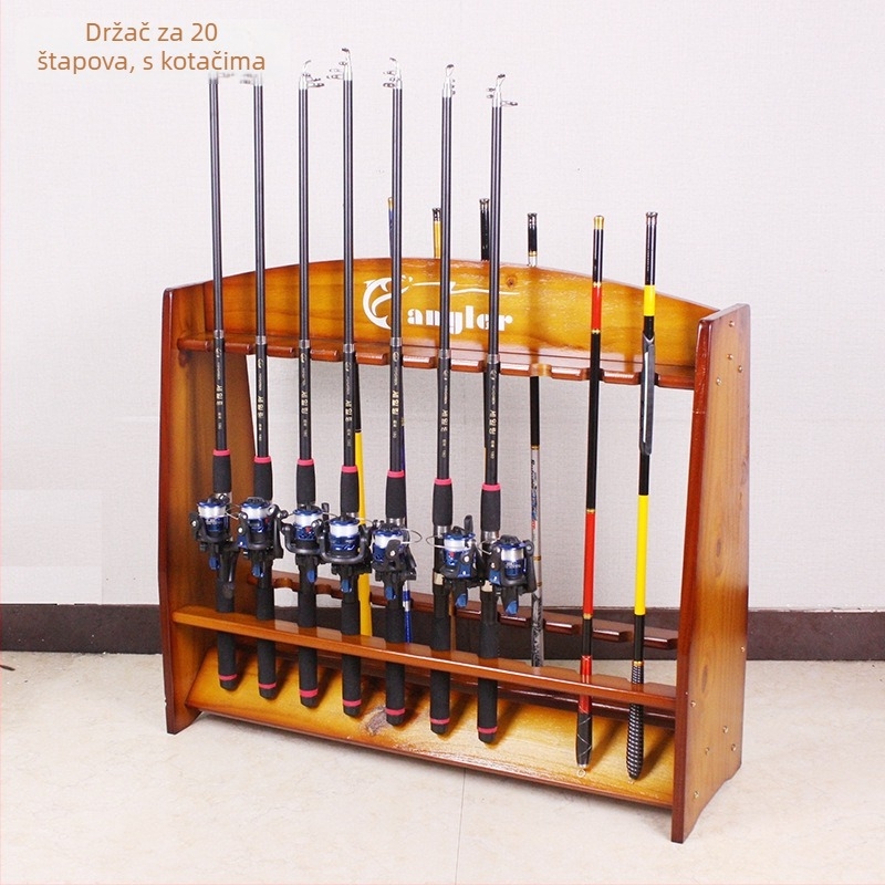 Drveni mobilni stalak za 24 štapova za ribolov, s izložbenim držačem, za kućnu upotrebu, od borovine