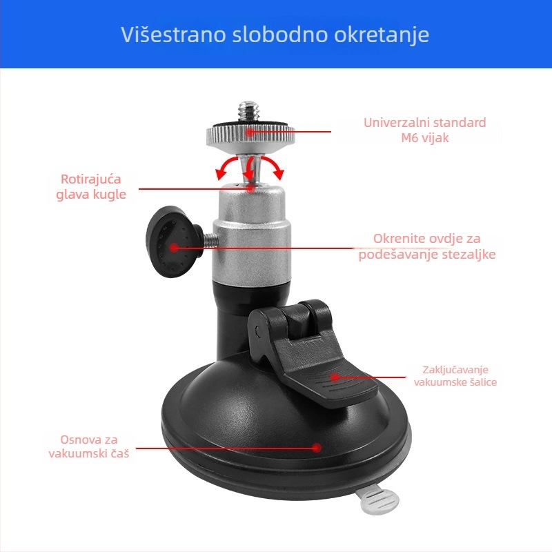 Auto nosač s usisnom čašom i aluminijskom glavom, 1/4-inčni navoj, za GPS navigacijske uređaje i dashcam, model HD-004