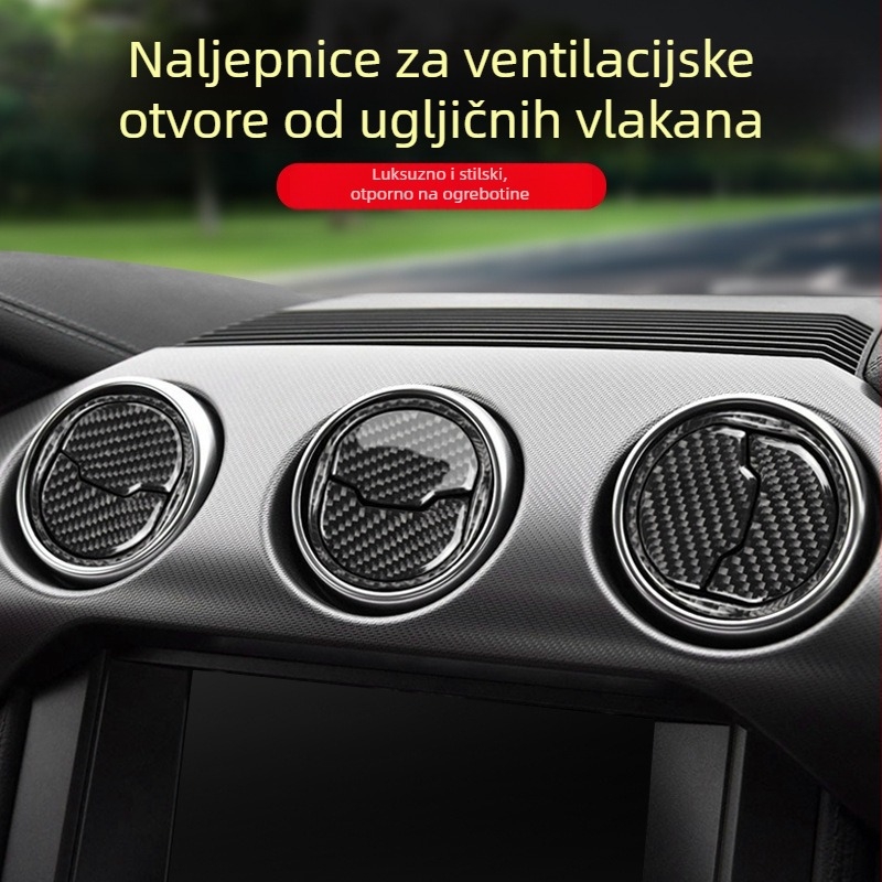 Ford Mustang set unutarnjih dijelova od karbonskih vlakana – devet dijelova za otvore za zrak, ploču i središnju konzolu, s ispisanim logom