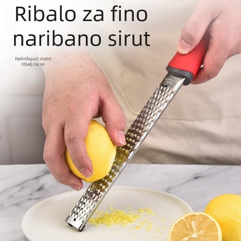 Rende od nehrđajućeg čelika 304, prehrambeno kvalitetno – za sir, limun, povrće i đumbir; višenamjenski rende s TPR držalom, moguć ispis logotipa.