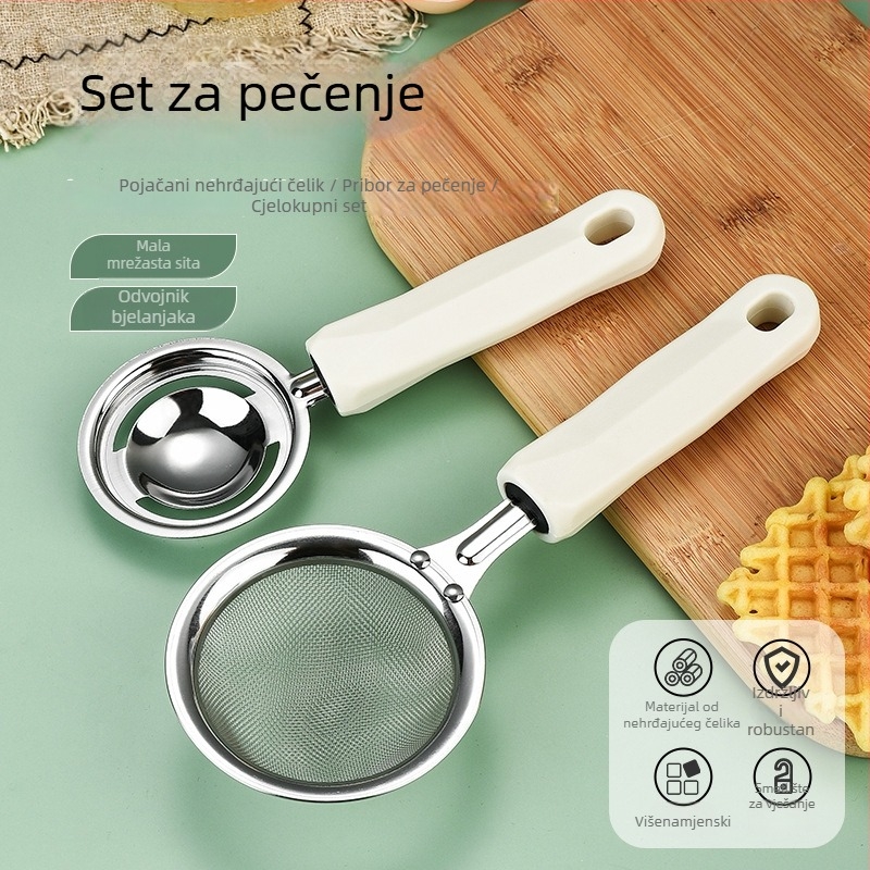 Set od nehrđajućeg čelika za pečenje, 3 dijela, s odjeljivačem bjelanjaka, tučkom za jaja i multifunkcionalnim filtrom (bez električne energije)