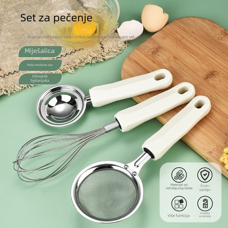 Set od nehrđajućeg čelika za pečenje, 3 dijela, s odjeljivačem bjelanjaka, tučkom za jaja i multifunkcionalnim filtrom (bez električne energije)