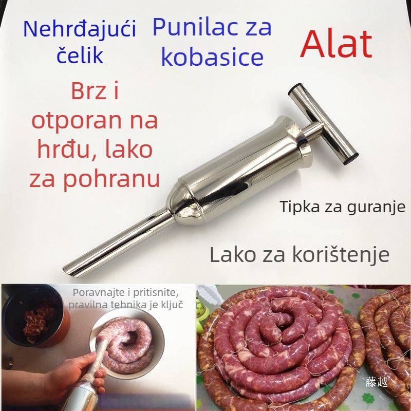 Ručni uređaj za punjenje kobasica s lijevkom i mlaznicom, od nehrđajućeg čelika