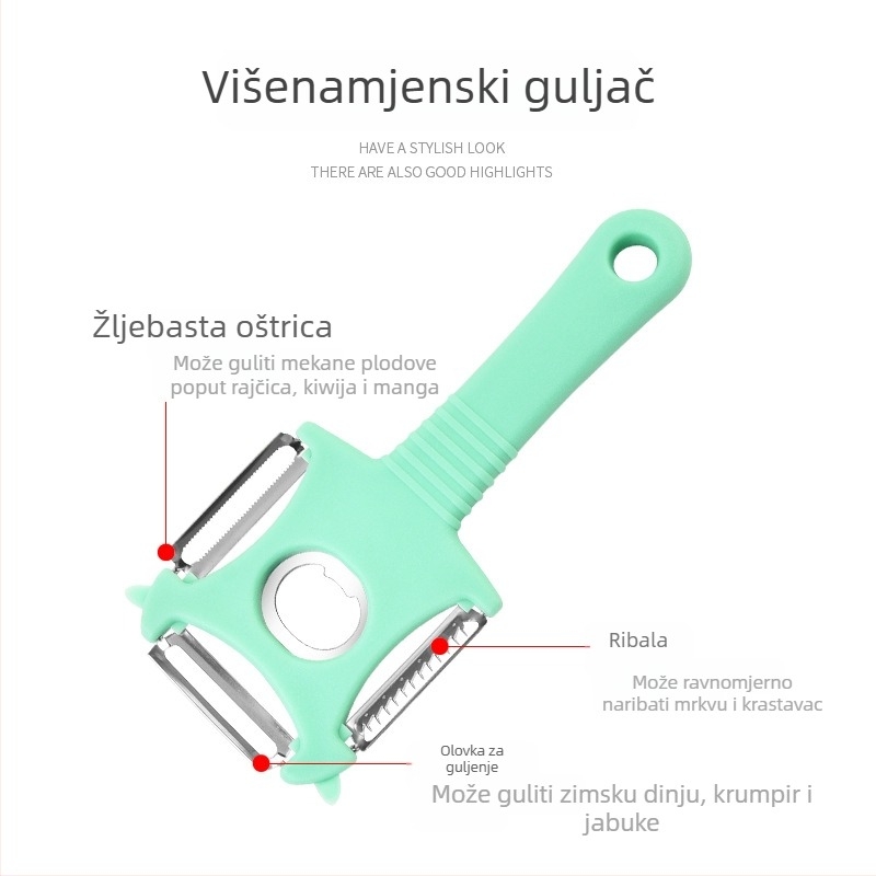 Kuhinjski višenamjenski alat: tri-u-jednom nož head, otvarač boca, ribe, plan dinje, strugalica za krumpir (Materijal: nehrđajući čelik + PP; Funkcija: Višenamjenski; 3-u-1)