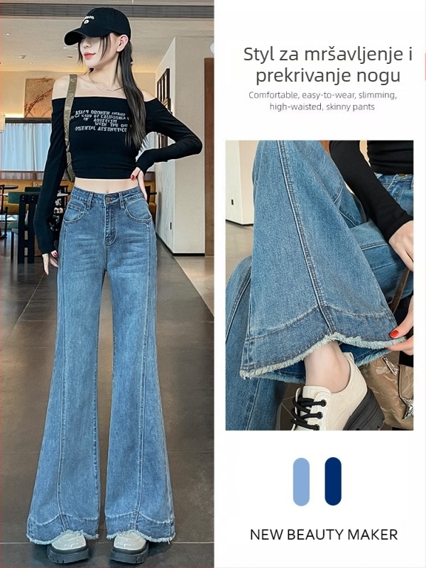 Ženske traperice s visokim strukom, blago proširene nogavice, denim, zip, stretch, proljeće-jesen 2025