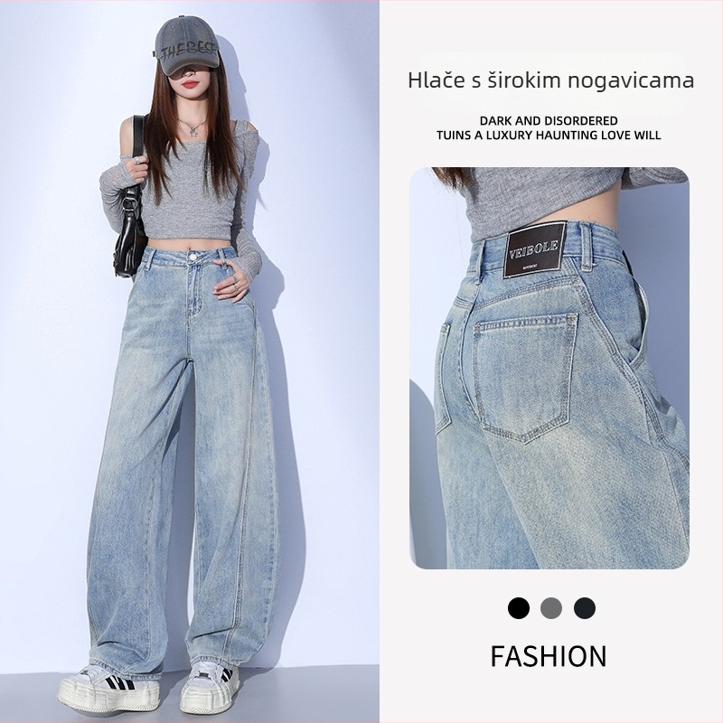 Damske traperice od denima s visokim strukom, široke nogavice, 80–90% pamuk, poliester do 30%, opran izgled