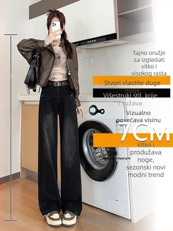 Ženske traperice od denima s visokim strukom, fleece podstava, široki kroj, duljina do poda, 3D krojenje