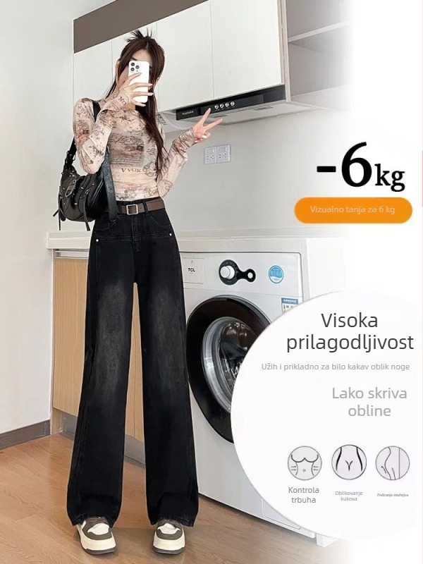 Ženske traperice od denima s visokim strukom, fleece podstava, široki kroj, duljina do poda, 3D krojenje