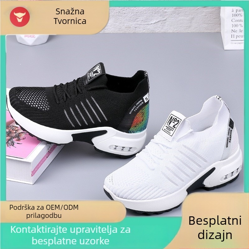 Cipele s unutarnjim povećanjem visine, mrežasti gornji dio, okrugli vrh, peta 6–8 cm, gumena potplata, PU uložak