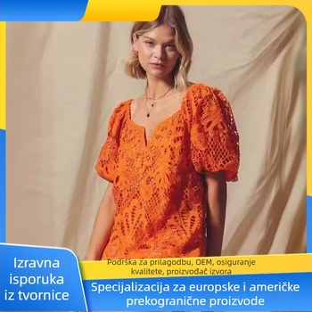 Ženska košulja s čipkastim prorezom i cvjetnim uzorkom, valovitim izrezom, puff rukavima, poliester, slobodan kroj
