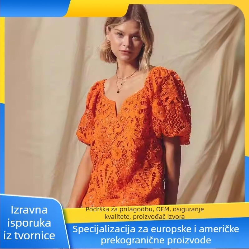Ženska košulja s čipkastim prorezom i cvjetnim uzorkom, valovitim izrezom, puff rukavima, poliester, slobodan kroj