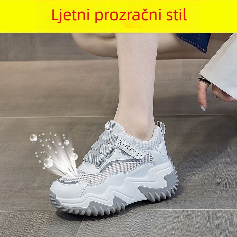Platformske cipele s umjetnom kožom, prozračnom mrežastom podstavom, gumom potplatom, 3-5 cm klinična peta, vezanje šnirlama