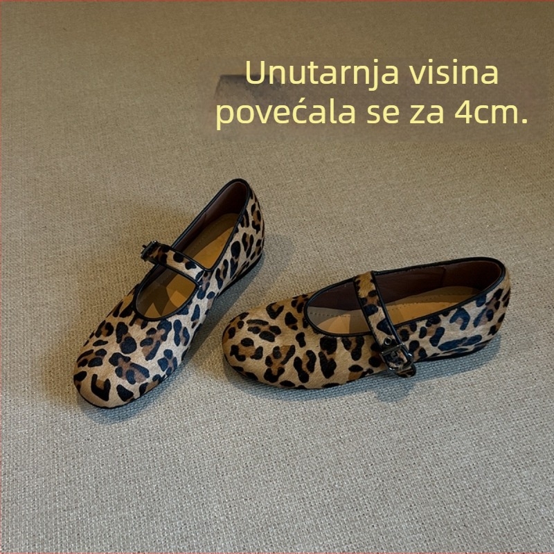 Mary Jane cipele za žene, leopard uzorak, okrugli vrh, krzno na gornjem dijelu, ravne pete